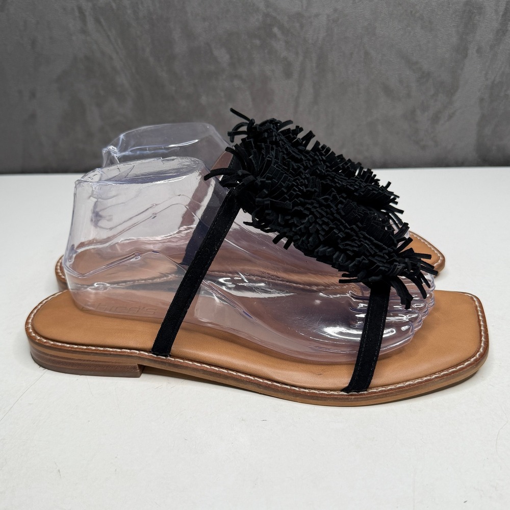 Chico's Delray Sandals Women 9M Black Tan Leather Fringe T-Strap Square Toe Flat